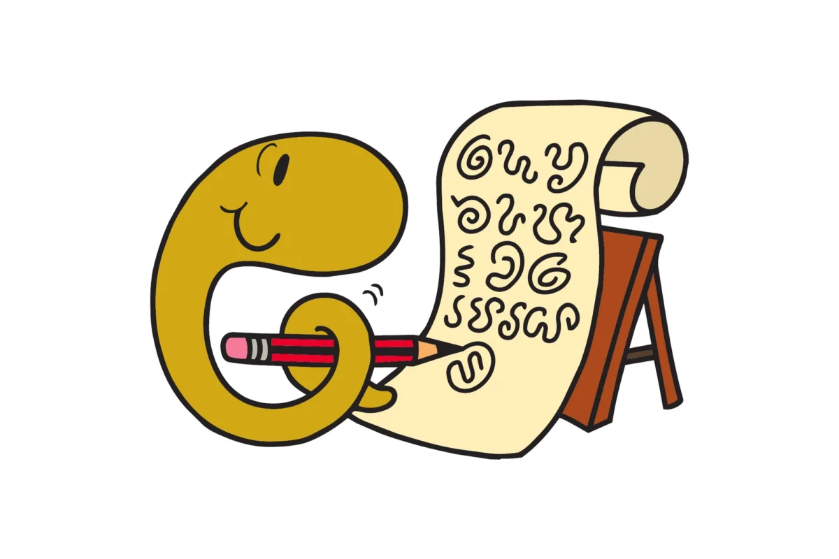 Un Monsieur jaune en forme de ver écrit des lettres en forme de vers sur un parchemin