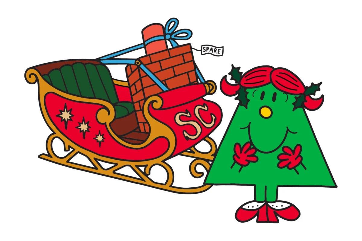 Le traîneau du Père Noël chargé d’une cheminée de rechange, à côté d’une Madame verte en forme de sapin