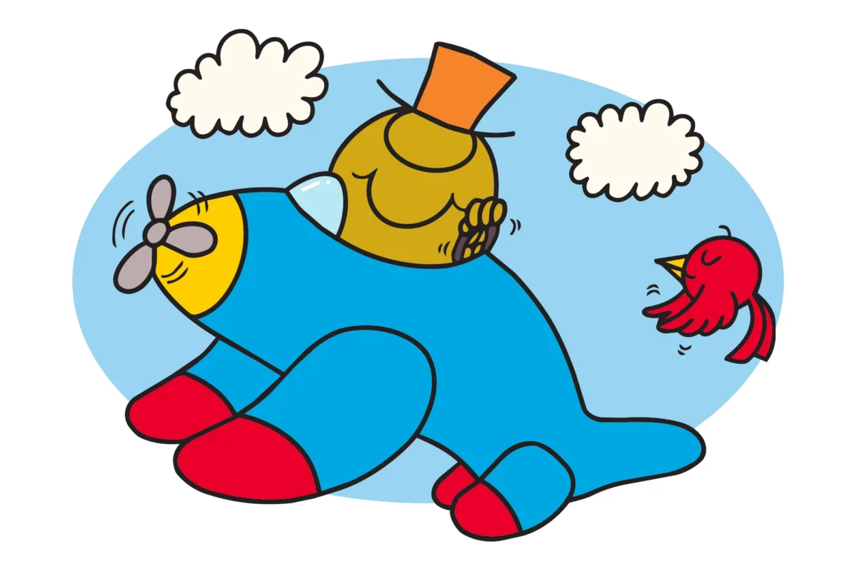 Un Monsieur en forme d’avion bleu vole entre les nuages, à côté d’un petit oiseau rouge